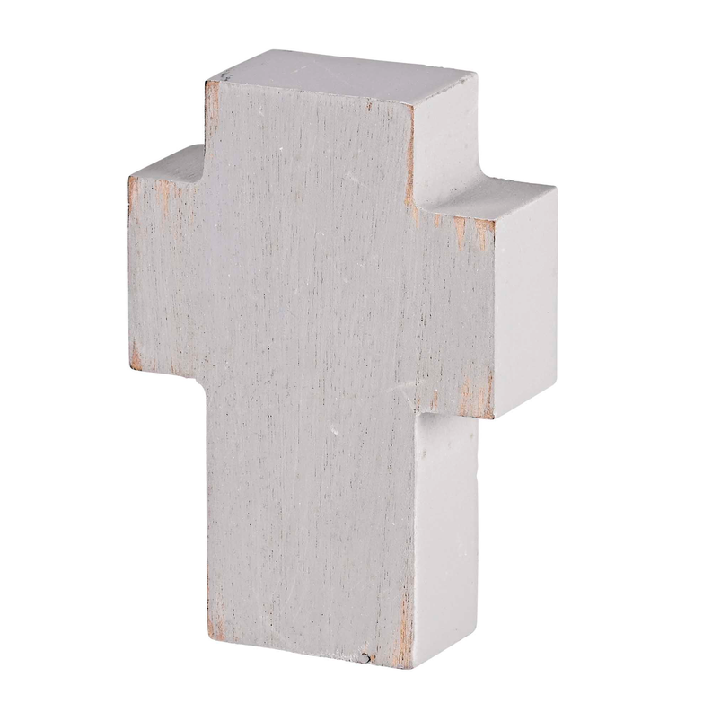 Tabletop cross plaque, distressed light gray wood finish
