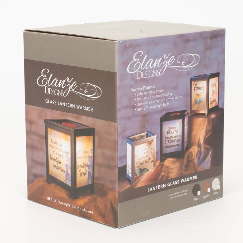 Glass lantern warmer gift box, brown packaging with lantern graphic.