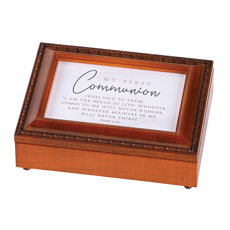 Wooden music box with glass top, engraved First Communion message and Bible verse text