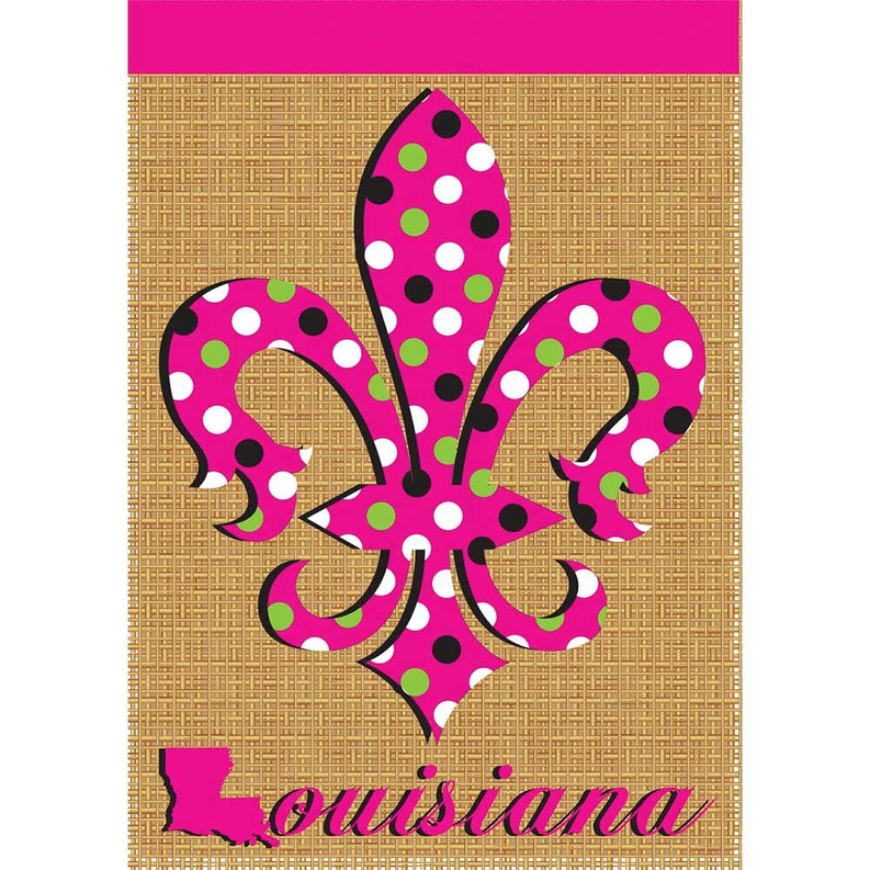 Burlap fleur-de-lis applique with pink polka dots and purple “Louisiana” script