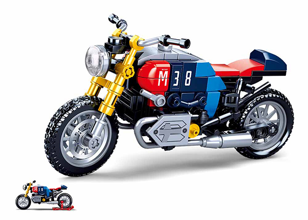 Motorcycle building brick model with blue, red, black body and gold front fork