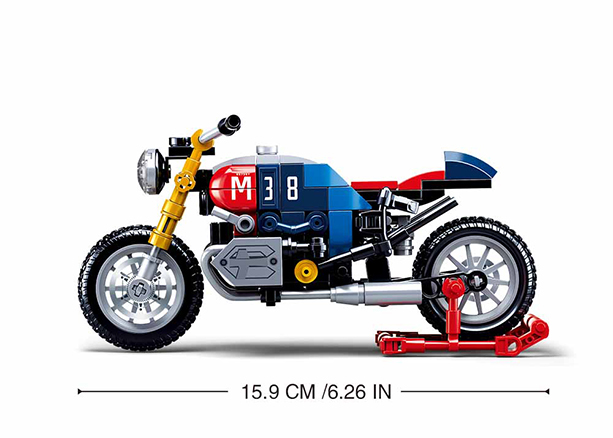 Motorcycle brick model with gold fork and blue-red engine, 15.9 cm length