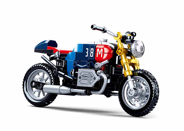 Side view of motorcycle brick model with blue-red tank, gold fork, and silver wheels