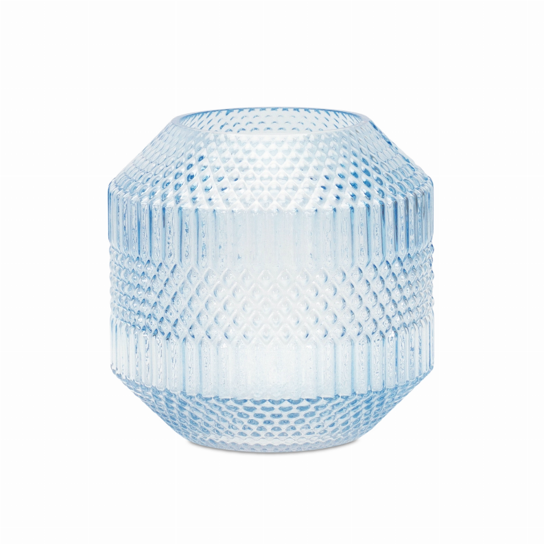 Blue glass vase, 6.5 in D x 6.5 in H, faceted geometric pattern.