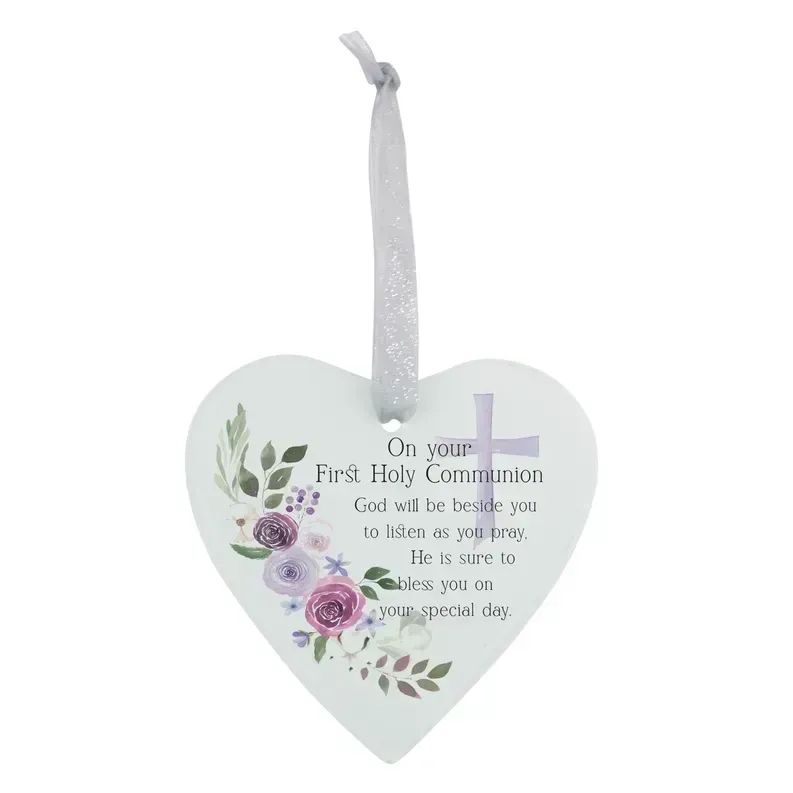 Heart-shaped glass ornament with hanging ribbon and floral verse for First Holy Communion