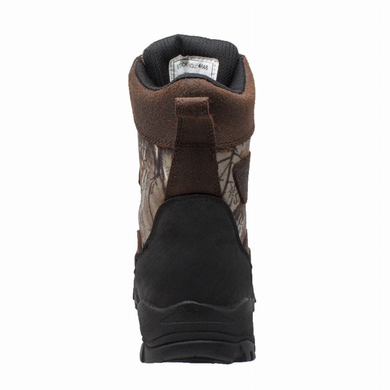 8-inch camo boots, rear view with black toe cap and cushioned lining