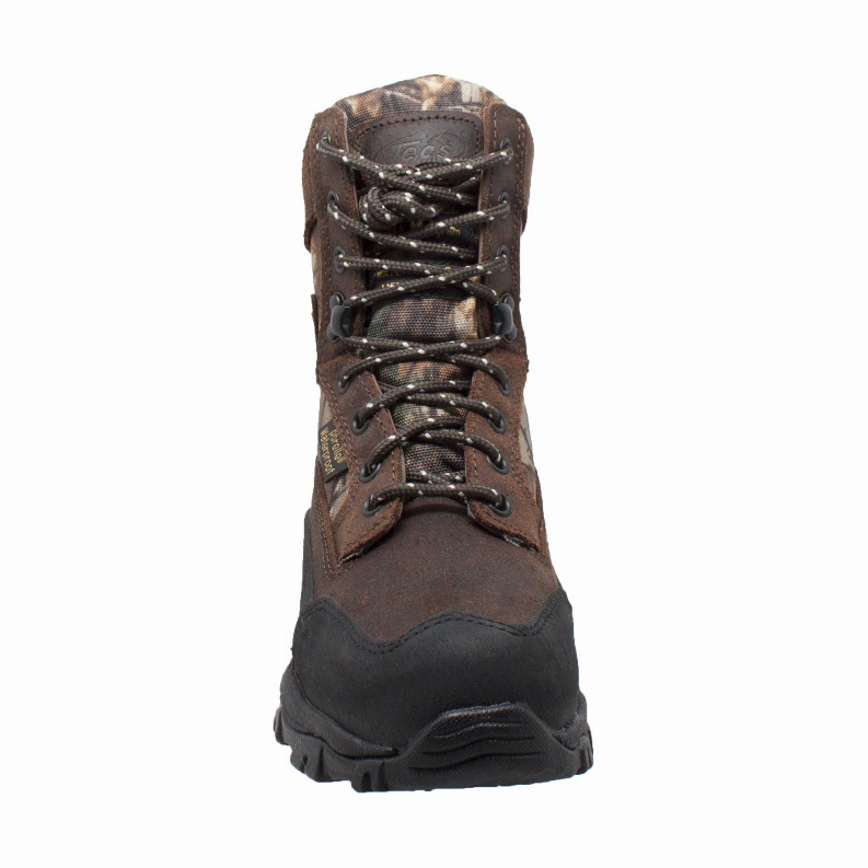 8-inch camo boots with round toe, dark brown upper and black outsole