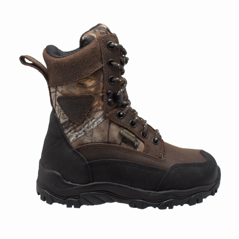 8-inch camo boots, side view with lace-up closure and rugged black tread sole