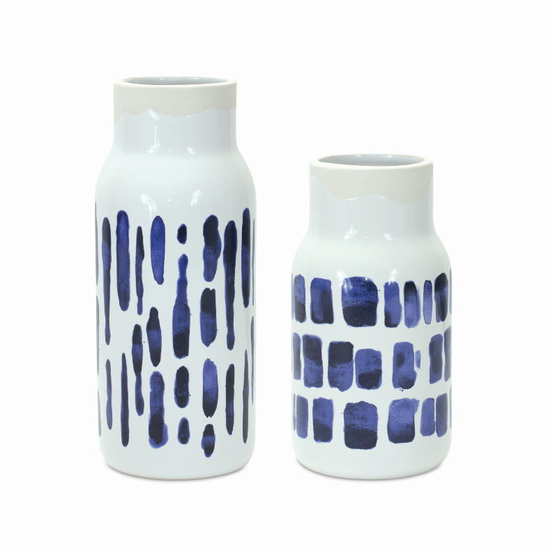 Set of 2 ceramic vases, white with blue abstract drip pattern, rounded shoulders