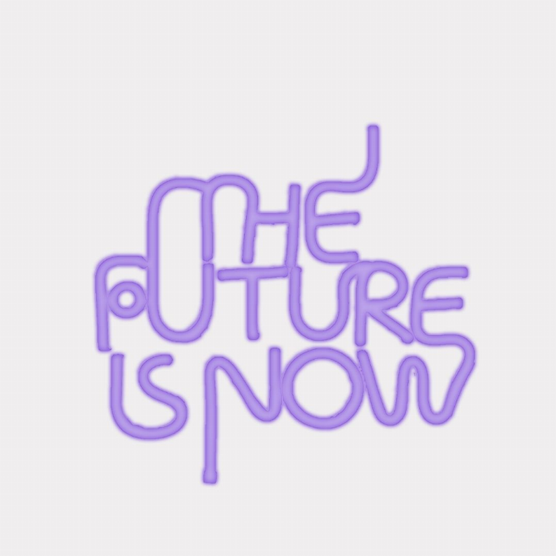 Violet LED neon sign close-up: 'THE FUTURE IS NOW'