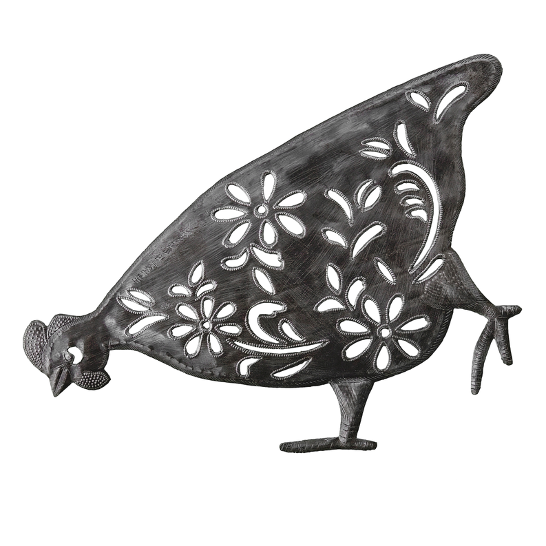 Decorative dark metal floral hen figure with cutout flower details