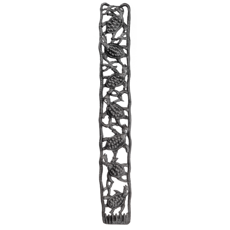 Vertical turtle strip in dark steel tone metal with repeating turtle cutouts