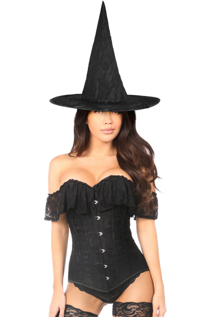 Black off-shoulder lace corset bodice with ruffled sleeves and pointed witch hat