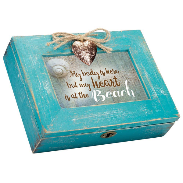 Teal wooden keepsake box with heart charm and beach quote insert
