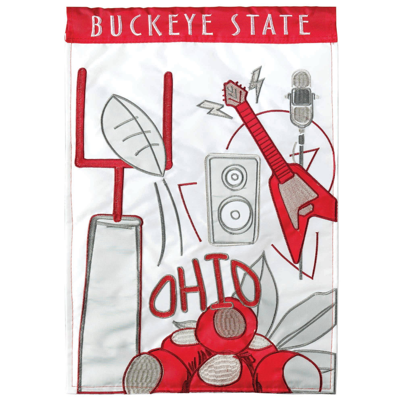 Buckeye State decorative banner flag with red top trim and embroidered-style graphics
