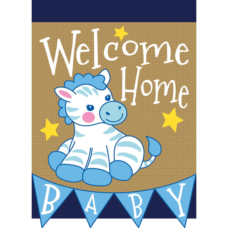 Baby welcome home fabric flag with cartoon dinosaur and blue “BABY” banner