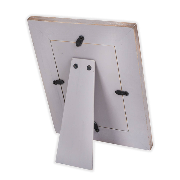 Teal photo frame back with hanging hook and wired latch, distressed white finish