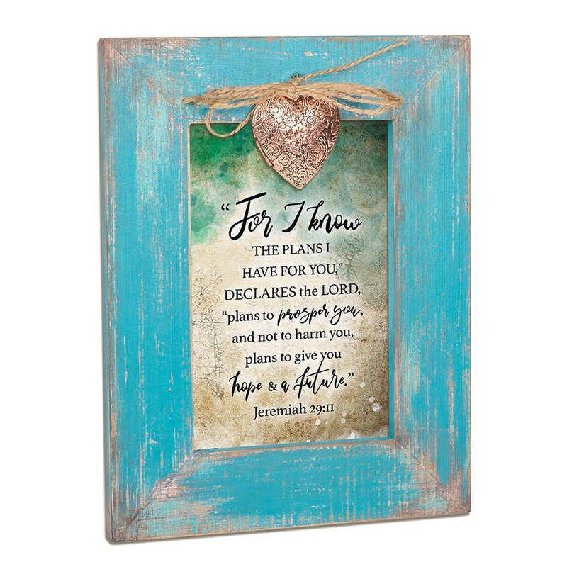 Teal distressed wood photo frame with heart top and scripture-style text insert
