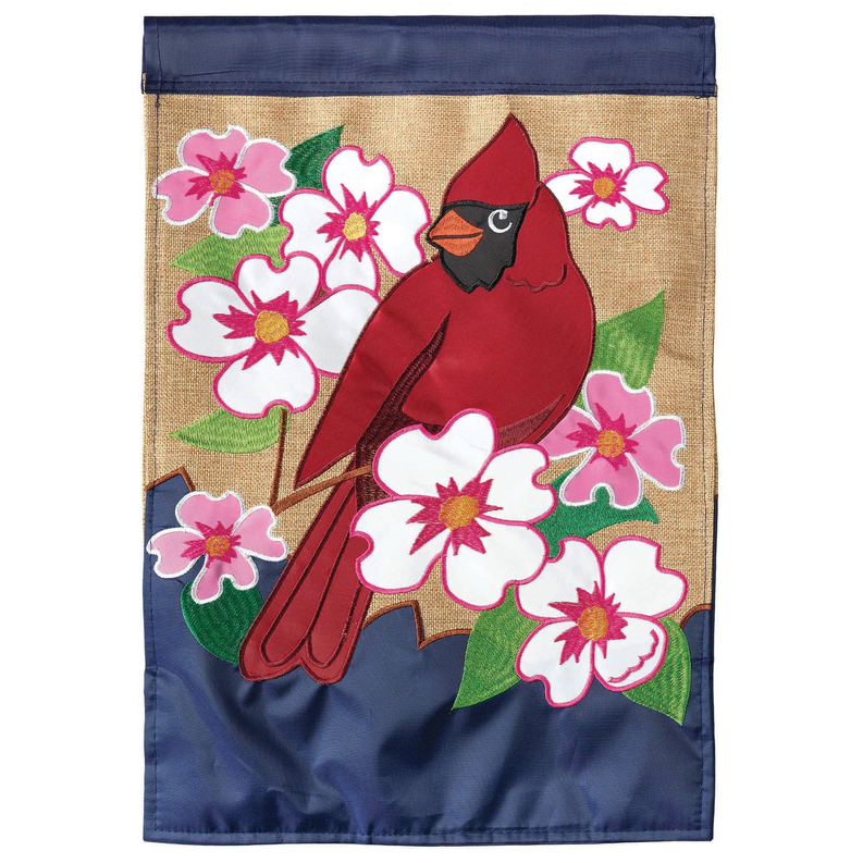 Burlap house flag with red cardinal and pink dogwood flowers, blue top and bottom hem.