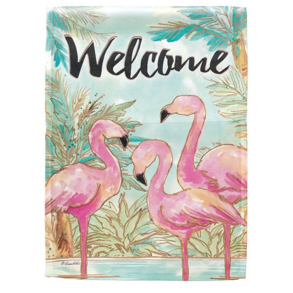 Welcome flamingo print flag with pink birds on light blue background