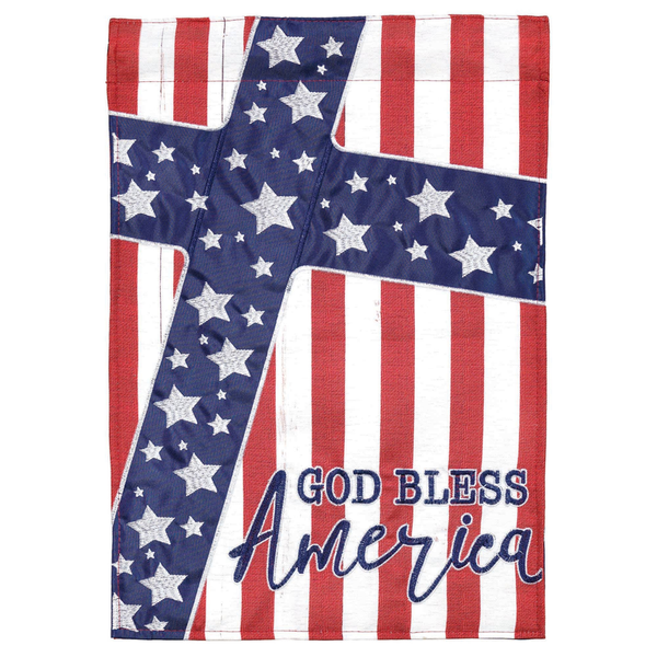Patriotic garden flag with red white stripes, blue star panel, 'God Bless America'