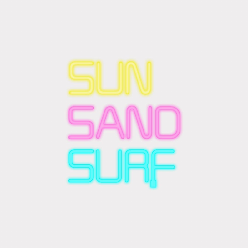 LED neon sign with glowing "Sun Sand Surf" text in yellow, pink, and blue