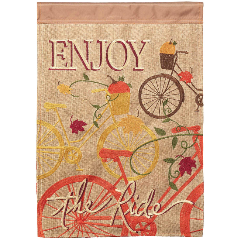 Burlap garden flag featuring bicycle, ENJOY text, and autumn leaves