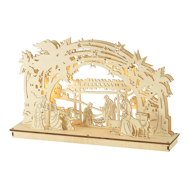Wood nativity manger scene with cutout figures, arch, and starry LED lights