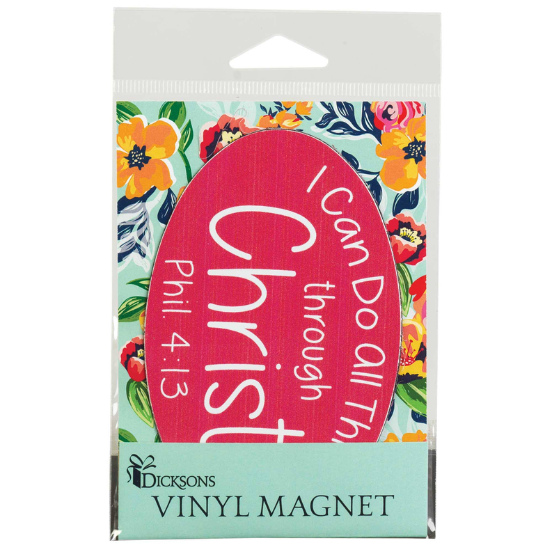 Packaged red oval vinyl magnet with white “Phil. 4:13” text and Christ message.