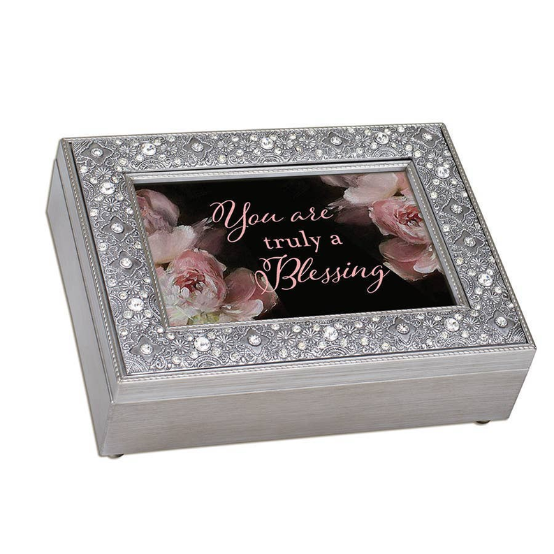 Silver filigree music box with 'You are truly Blessing' floral insert window
