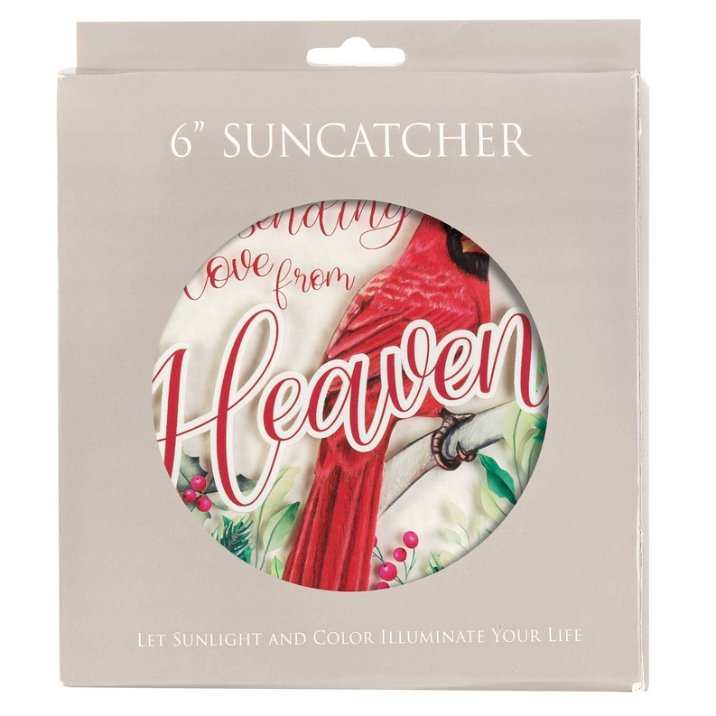 Cardinal sun catcher gift box with window showing round 'Heaven' design