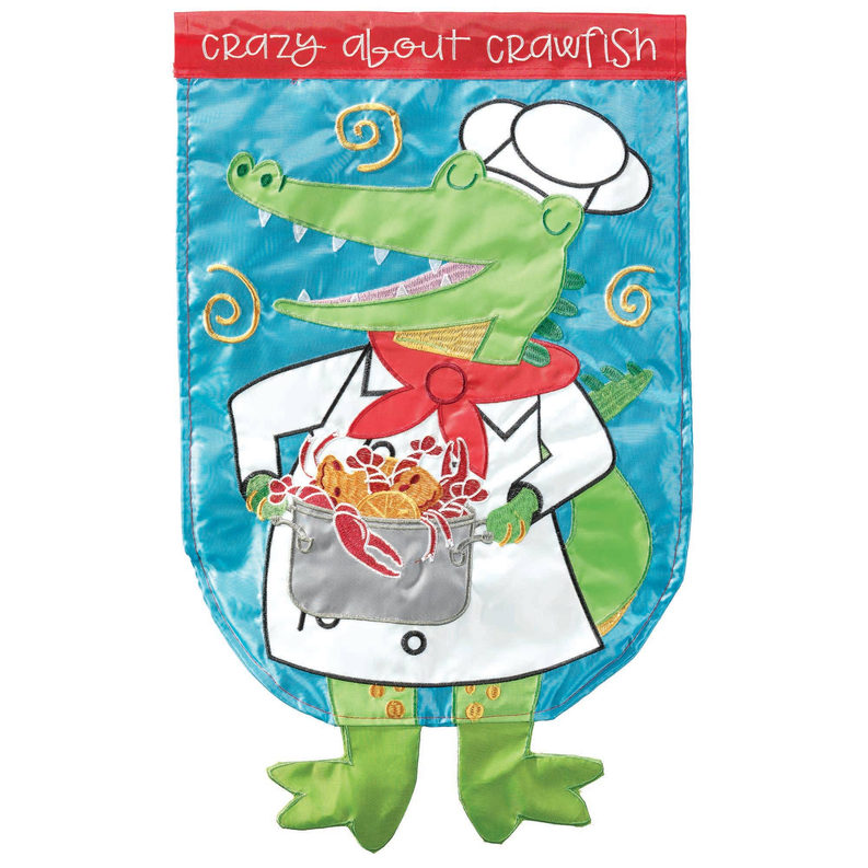 Crawfish alligator flag with chef alligator holding a pot of crawfish