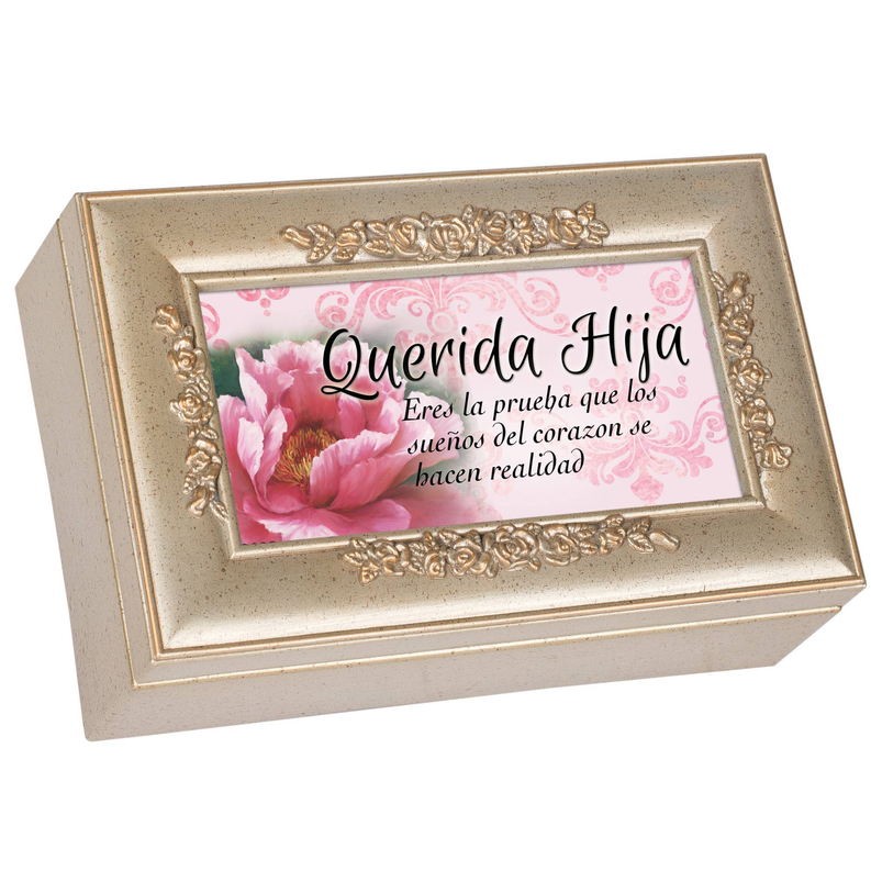 Decorative gold photo frame with engraved floral message plaque, pink flower design