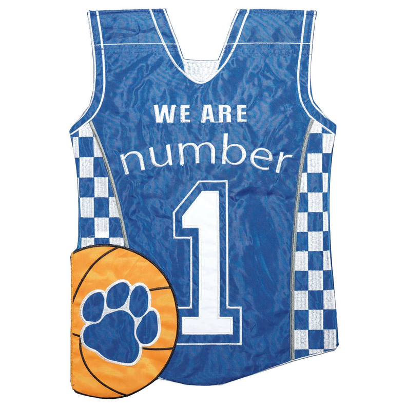 Blue jersey-style house flag with applique number 1, paw logo, and checkered trim