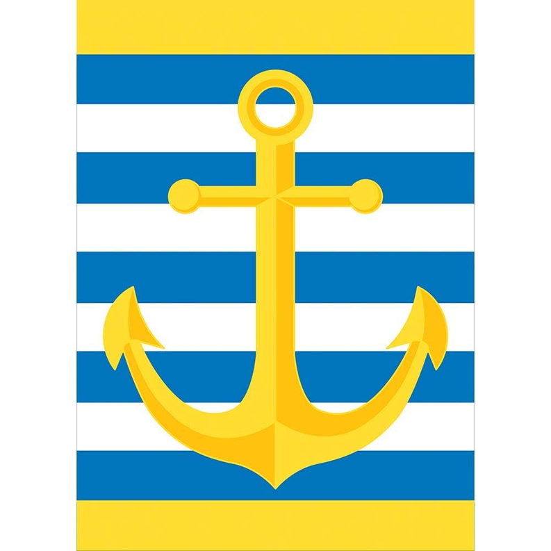 Garden anchor flag with yellow anchor on blue-and-yellow striped fabric