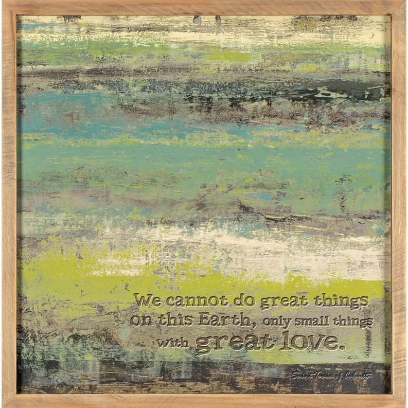 Wood wall frame with landscape-style wall art and quote text in dark lettering