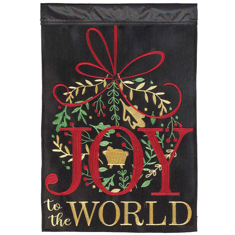 Christmas burlap flag with Joy to the World lettering, bell and holly design