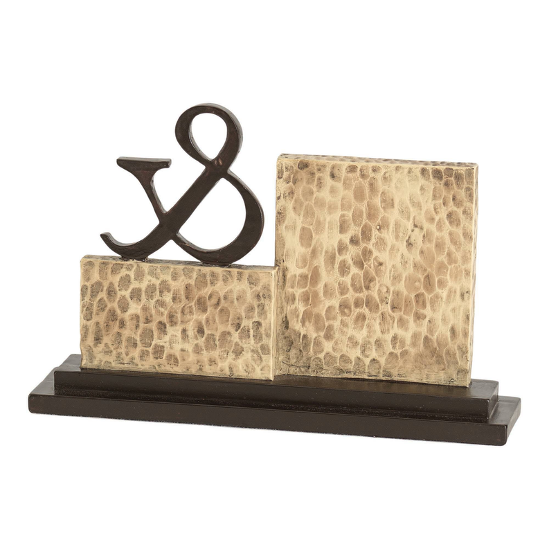 Mr and Mrs decorative figurine with two beige plaques, black ampersand symbol, dark base