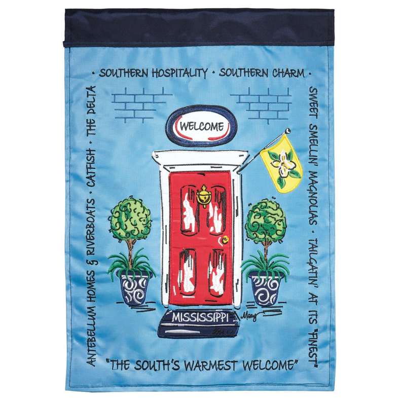 Blue welcome door banner with illustrated door and Southern hospitality text, hanging sleeve