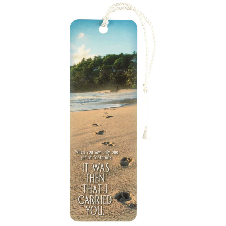 Footprints bookmark with beach scene and braided tassel tie at top