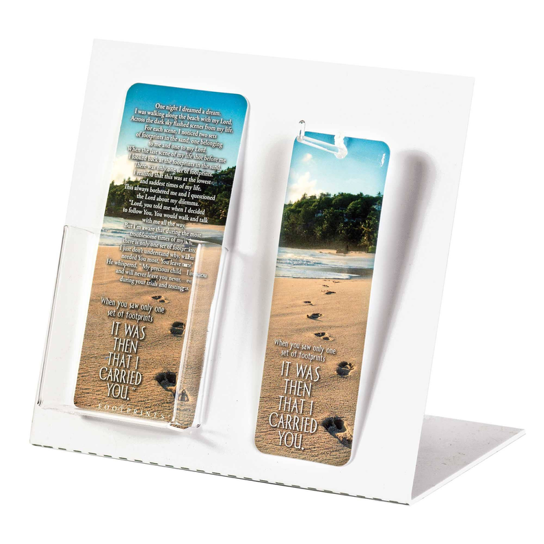 Set of two footprints bookmarks displayed in a retail stand