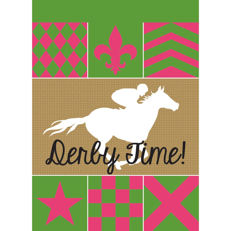 Garden derby time flag with white horse and fleur-de-lis, pink green pattern background