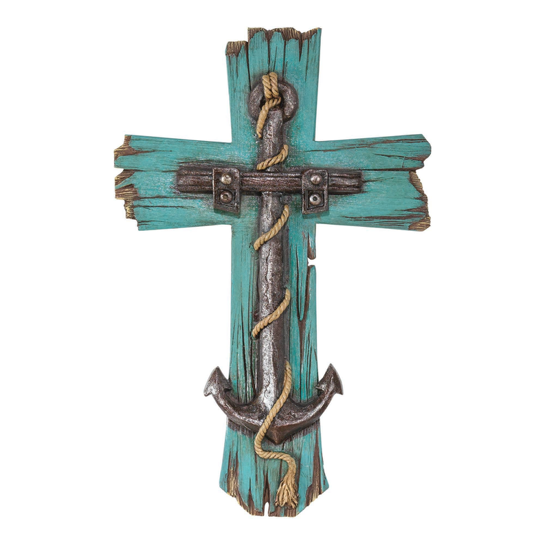 Turquoise distressed wooden anchor cross with brown metal anchor and rope