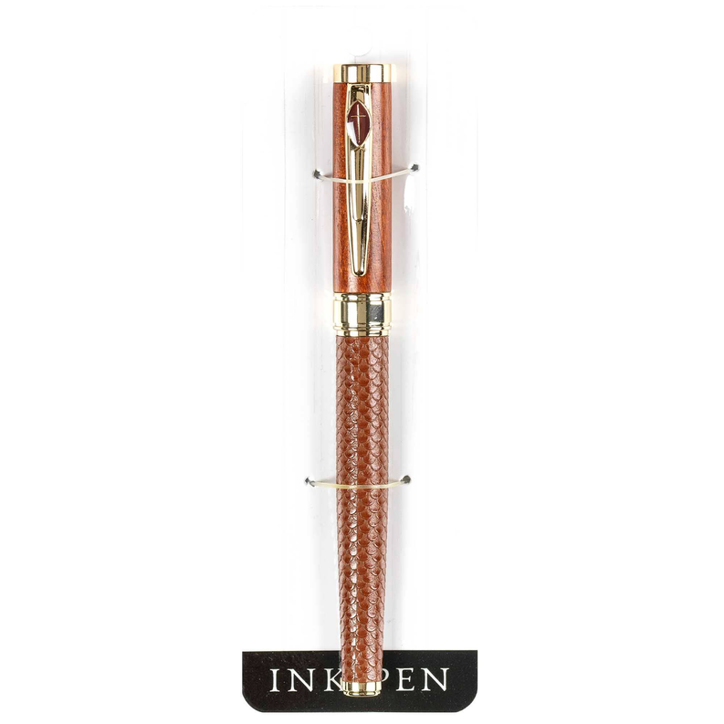 Brown leather-wrapped pen with engraved metal top and clip