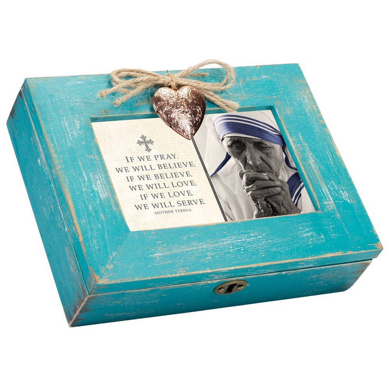 Turquoise wooden keepsake box with twine bow, heart charm, and prayer quote card