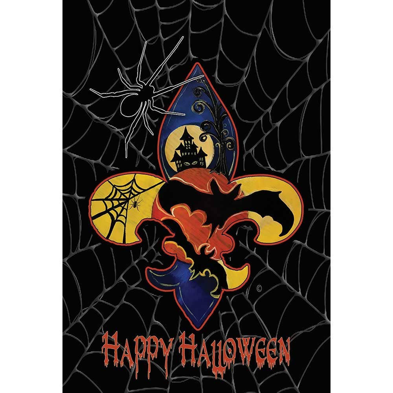 Halloween flag with spiderweb, haunted house cat silhouettes, and “Happy Halloween” text