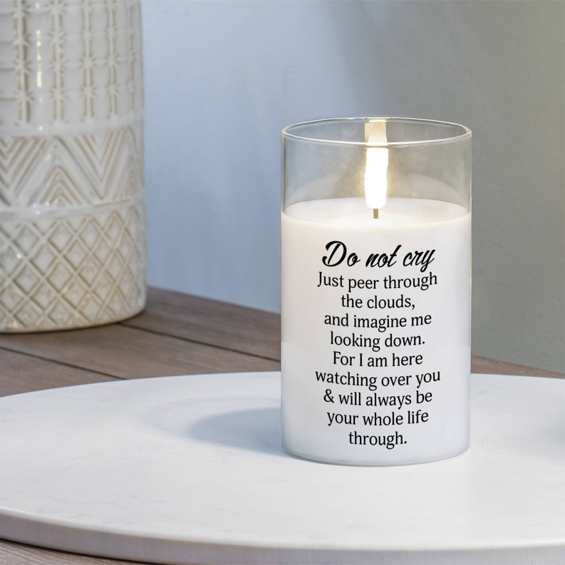 5 in LED candle with clear glass sleeve and 'Do not cry' verse printed on front