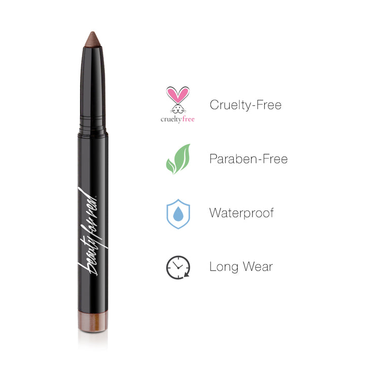 Eyeshadow stick with angled tip, dark pencil body, bronze-brown color end