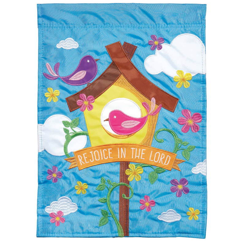 Blue garden flag with bird applique, flowers, and 'Rejoice in the Lord' text