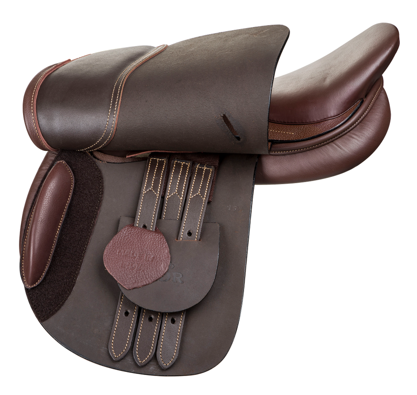 Brown close contact English saddle underside with billets and stirrup leather straps